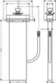 Technische Zeichnung eines hansgrohe Produkts mit verschiedenen Maßen, Darstellung von Anschlüssen und Abmessungen. Übersichtliche Ansicht des Designs und der Montageteile.